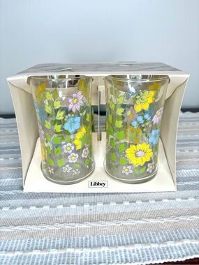 Libbey Floral Glass Tumbler Pair in Yellow, Green & Blue